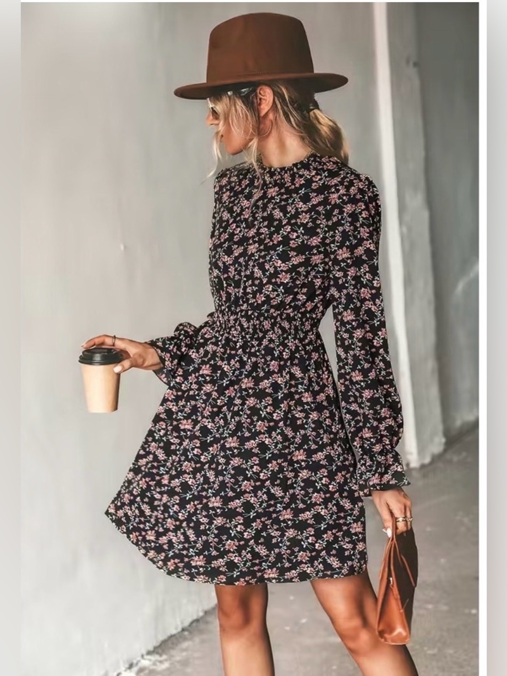 CUPSHE Floral Long-Sleeve Smock Waist Dress - Black/Pink NWT